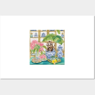 Cute monkey, lemons and chinoiserie jars Posters and Art